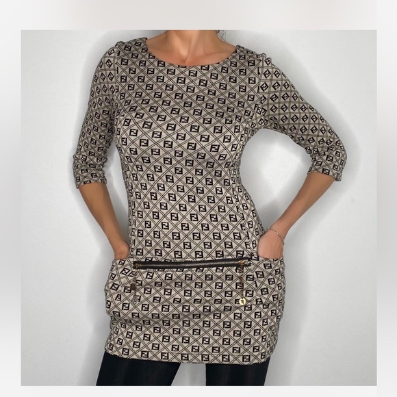 fendi monogram mini dress Fendi Vintage Grey Zucca FF Logo Monogram Mini Dress Amarcord Vintage Fashion